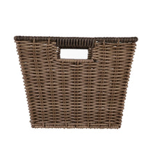 Large poly rattan storage basket with handles, open weave, decorative front cutout