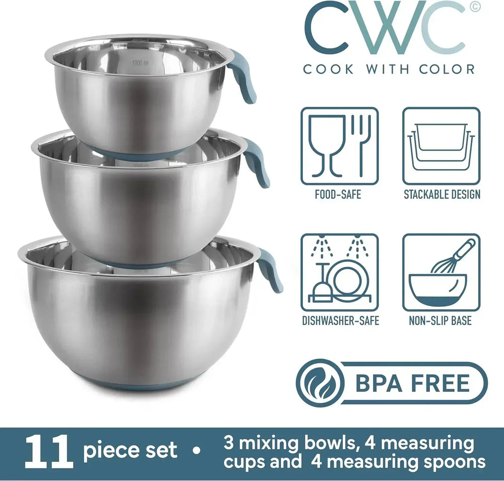 COOK WITH COLOR Stainless Steel Mixing Bowls Set and Measuring Cups- Nesting Bowls with Non-Slip Bottom and Easy-Grip Handles, 11 Pieces - USA MEGA SHOP