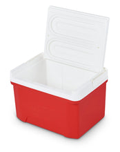 Red cooler with open lid, white interior and molded latch-style handle