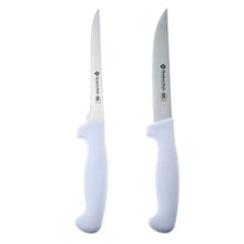 Two utility knives with white handles and stainless blades