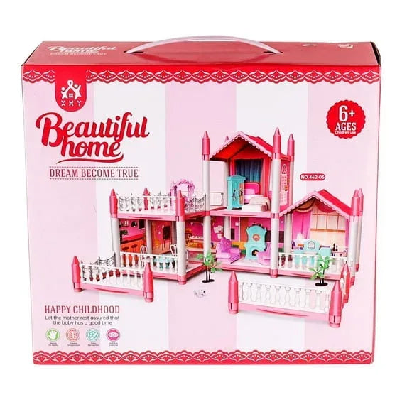 Dollhouse Play Toys Set, 5 Rooms Kids Dollhouse with Doll Toy Figure, Furniture and Accessories, Doll House Gift Toys for Kids Girls Ages 3 & Up, Pink