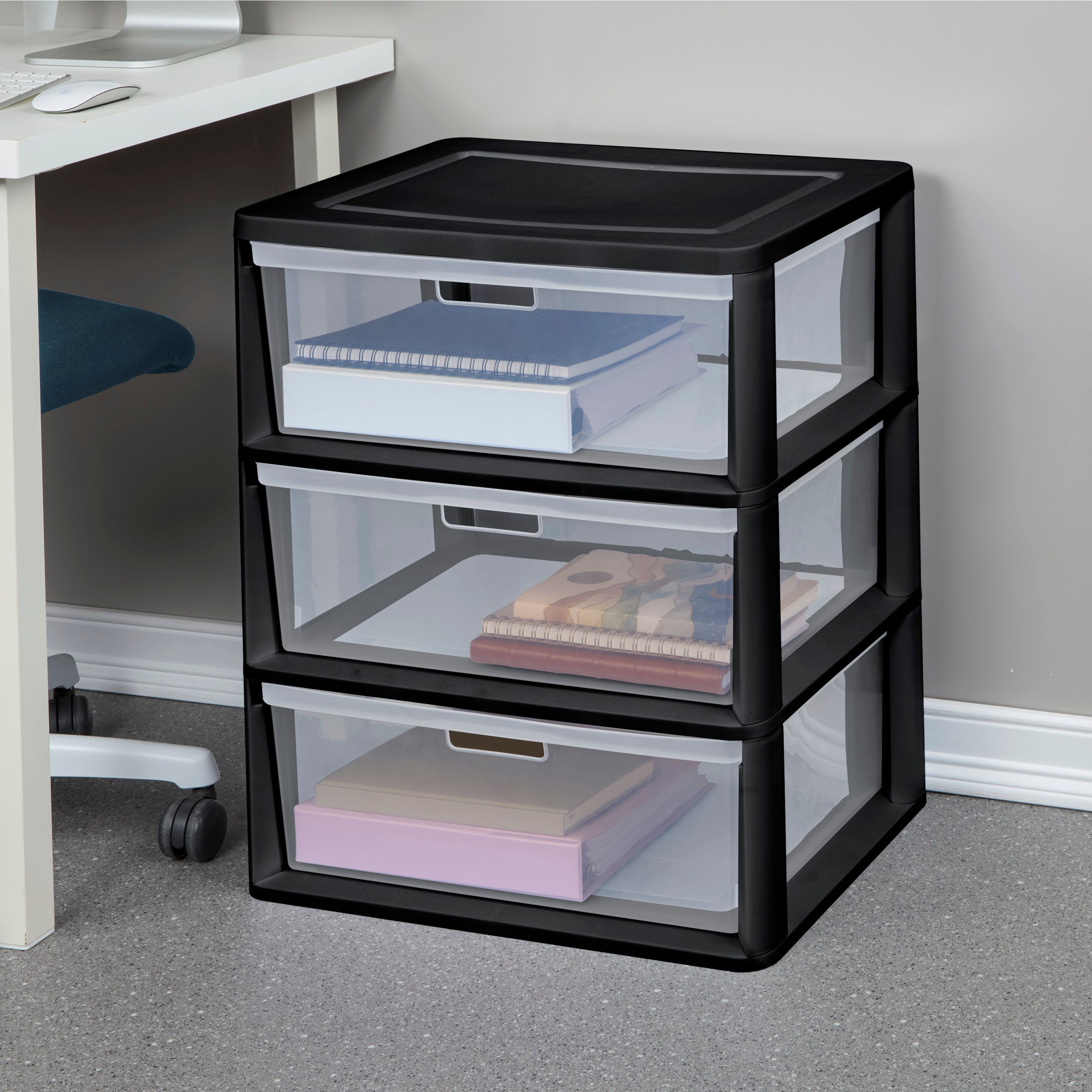 Sterilite Wide 3 Drawer Tower, Plastic Storage Organizer with Removable Clear Bins, Easy to Assemble - No Tools Needed, Black