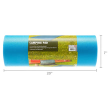 Blue closed-cell foam camping sleeping pad, rolled with packaging label