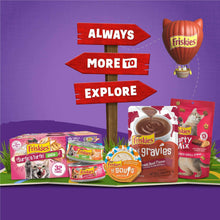 Friskies pet food variety display with red Explore signs and hot air balloon