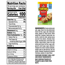 Nutrition facts panel for chocolate chip granola bars, 1 bar serving