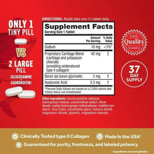 Joint health supplement packaging with supplement facts table and tablet size comparison