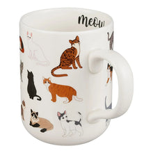 White stoneware cat mug with meow on rim, orange and black cat illustrations, handle