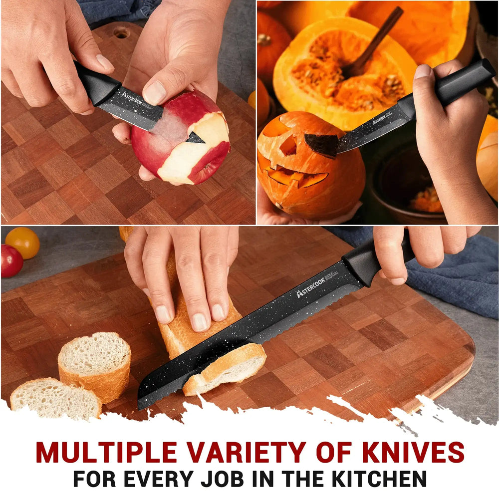 Astercook 6 Piece Starry-Sky Kitchen Knife Set, Carbon German Stainless Steel Knife Set with 6 Blade Guards, Non-stick Coating & Dishwasher Safe, Perfect Gifts for Kitchen