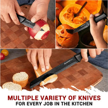 Kitchen knife set knife cutting a vegetable on a wooden cutting board