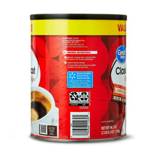Back of ground coffee canister with brewing instructions and net weight