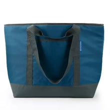 Insulated shopper tote with blue body, gray side handles, and open top