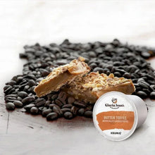Butter toffee flavored K-Cup pod with coffee grounds and toffee pieces