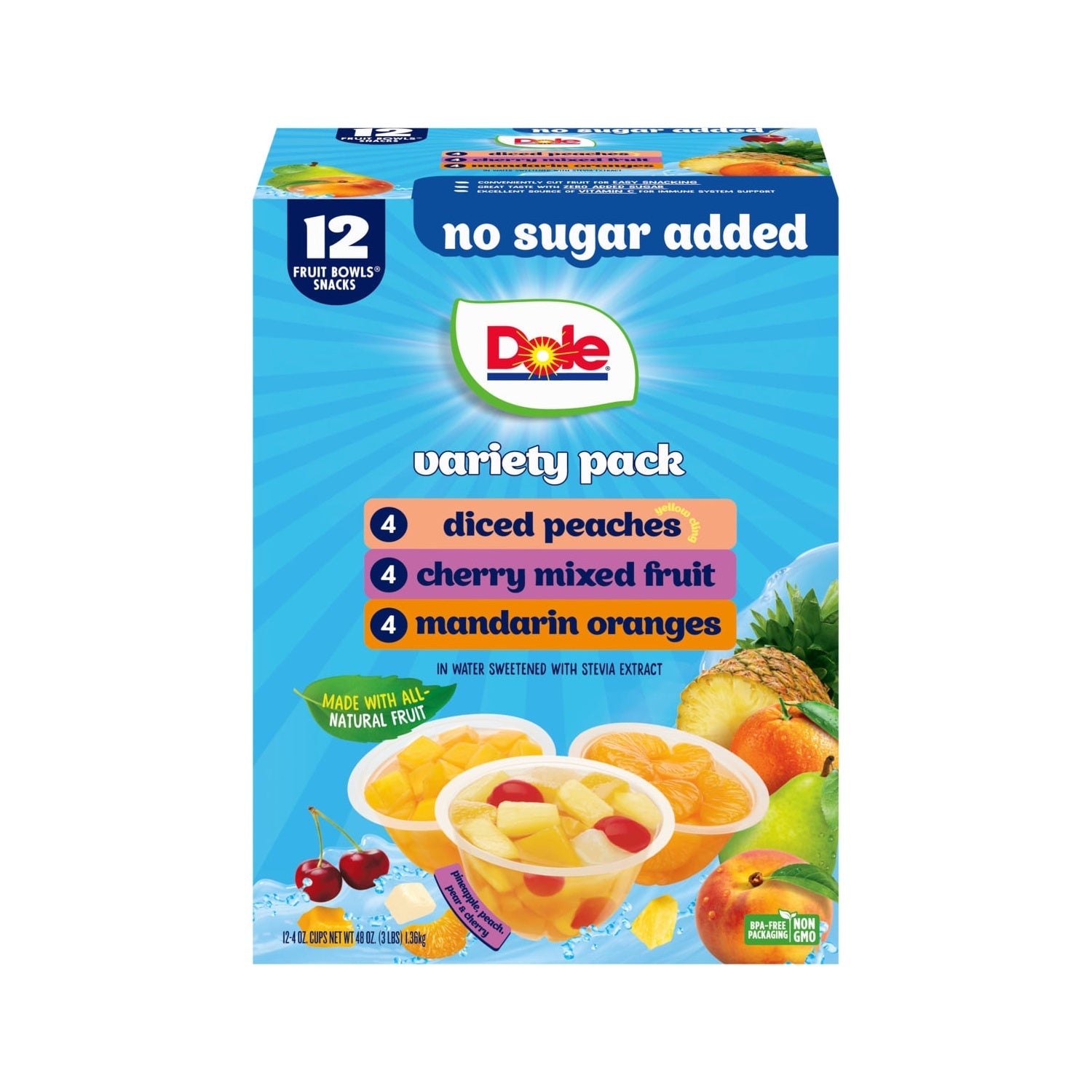 Dole Fruit Bowls No Sugar Added Variety Pack, 4 oz Cups (12 Pack)