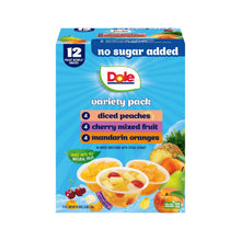 Dole no sugar added fruit cup variety pack box with diced peaches, cherry mix, mandarin oranges