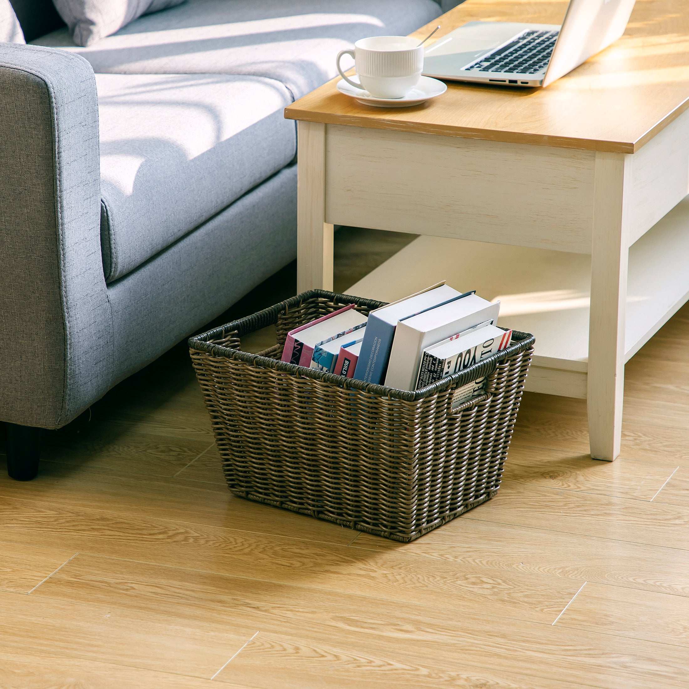 Better Homes & Gardens Large Poly Rattan Decorative Storage Basket with Handles, 14 in x 11 in x 8.5 in