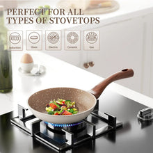 Nonstick frying pan on gas stove with speckled brown interior, sautéing vegetables