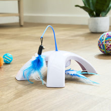 White dual swatter electronic cat toy with blue wand and fluffy blue feather attachments