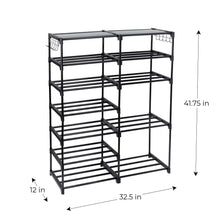 Black 7-tier shoe rack with open wire shelves, shown with size measurements.