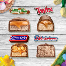Mini chocolate bar assortment with Twix, Snickers, Milky Way, and 3 Musketeers pieces