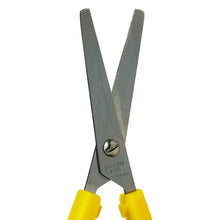 Gray steel scissors blades with oval safety finger loops and yellow grips