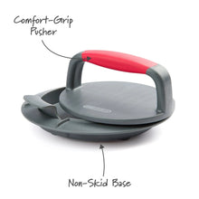 Burger press pusher with comfort-grip handle and non-skid base