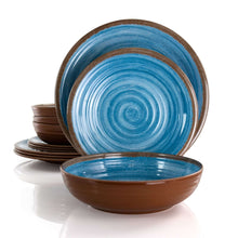 Blue and brown rippled melamine dinnerware set with round plates and bowls stacked