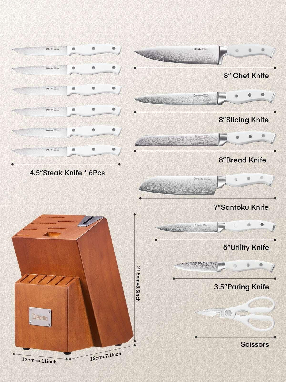 D.Perlla Knife Set, 14 Pcs Kitchen Knives Set with Built-in Sharpener, Stainless Steel Knife Set with Block - USA MEGA SHOP