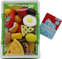 Play food basket set with assorted plastic foods inside a clear green storage bin.