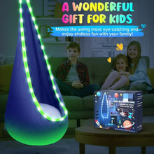 Blue kids pod swing seat hammock with glowing LED lights for indoor play