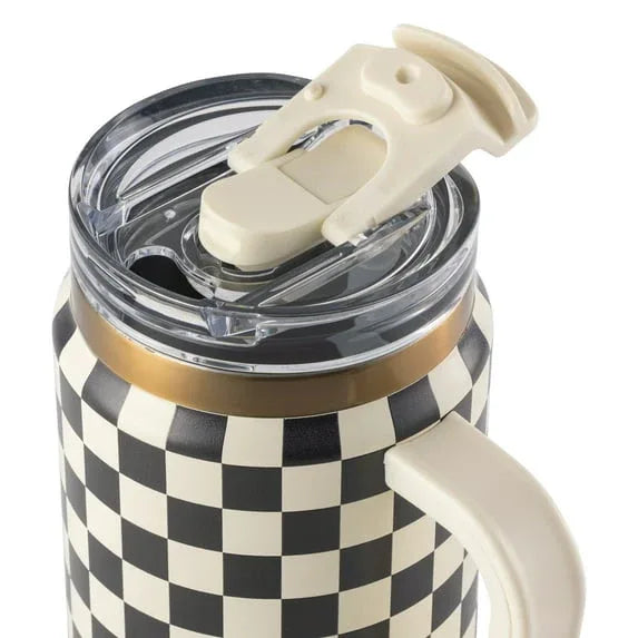Thyme & Table 32 fl oz Stainless Steel Luna Tumbler with Handle and Dual Straw Lid, Cream & Black Check - USA MEGA SHOP