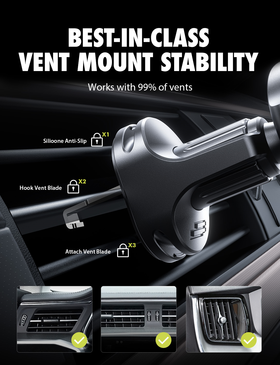Bracketron AutoGrip Universal Vent Mount Car Phone Holder with Gravity Locking Design, One-Handed Place-to-Lock Operation, Fits Phones up to 3.75” Wide, Low-Profile Vent Mount,