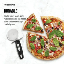 Stainless steel pizza cutter with black handle and sharp round cutting wheel