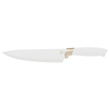 Stainless steel knife with a white handle and gold collar