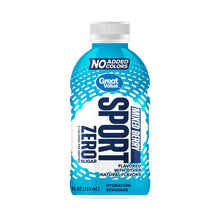 Sport Zero hydration beverage bottle, blue label with "No added colors"