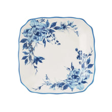 Octagonal stoneware plate in white with blue floral wreath design