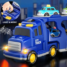Blue city truck carrier toy close-up with lit grille and window bays for small cars