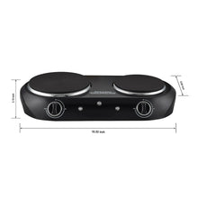 Black electric double-burner cooktop with two hotplates, dials, and size dimensions shown.