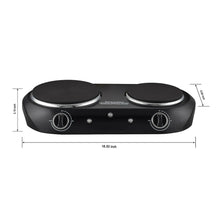 Black double electric cooktop with two coil burners and size measurement markings