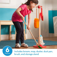 Wooden mop and broom play set with red base and white mop head