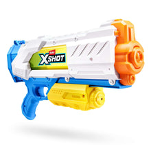 ZURU XSHOT water blaster toy with orange front chamber and blue side panel