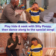 Kids hide-and-seek poop character toy held in front of two children