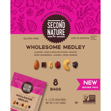 Back of gluten-free wholesome medley trail mix box showing 8 bags and ingredients list