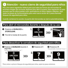Microwave child safety lock instruction label with numbered unlock steps