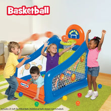 Inflatable blue and orange sports play center with basketball hoop, slide, and balls