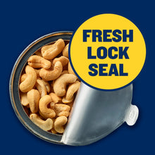 Steel can of lightly salted whole cashews with Fresh Lock Seal label