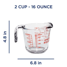 Clear glass measuring cup with handle and red markings, 2 cup capacity shown with dimensions