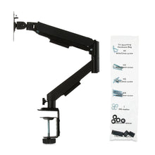 Black monitor desk mount with VESA plate and included hardware screws and washers
