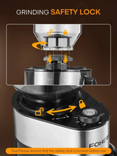 Coffee grinder safety lock above the grinding chamber with security icon