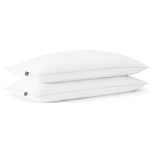 White king bed pillows, 2 pack, stacked side by side with blue corner tags