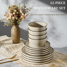 Cream ceramic dinnerware set with gold-trim plates and bowls, stacked